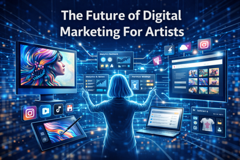 A high-tech visualization of AI-driven tools used in the future of digital marketing for artists.