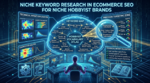 A technical diagnostic dashboard visualizing niche keyword research in ecommerce SEO for niche hobbyist brands.