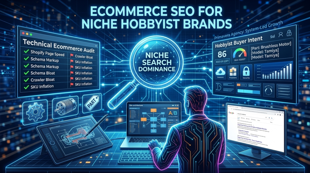A technical architecture diagram of ecommerce seo for niche hobbyist brands.